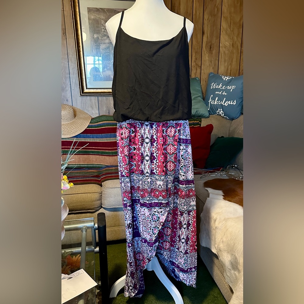 Black, Pink & Purple Maxi Sundress with Split Skirt & Blouson Top, 3X